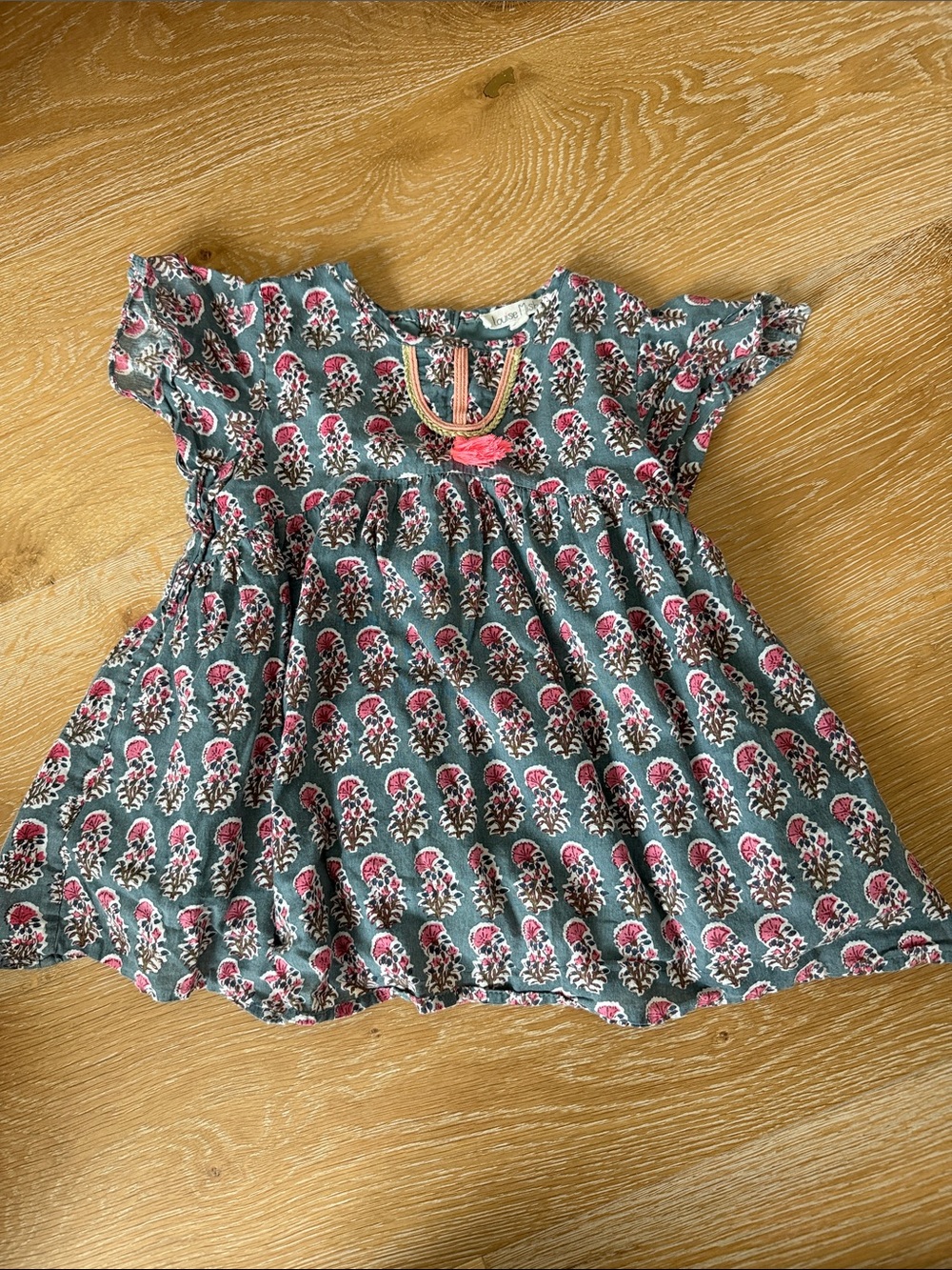 Louise Misha Girls' Floral Flutter-Sleeve Dress in Teal and Pink